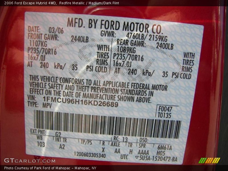 2006 Escape Hybrid 4WD Redfire Metallic Color Code G2