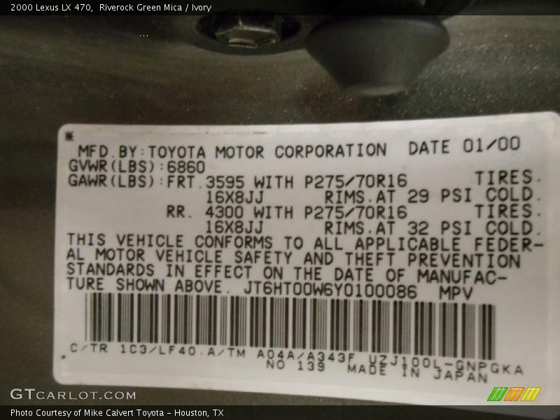2000 LX 470 Riverock Green Mica Color Code 1C3