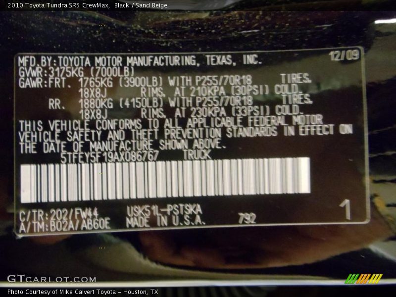 Black / Sand Beige 2010 Toyota Tundra SR5 CrewMax