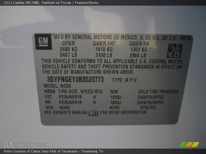 Info Tag of 2011 SRX FWD