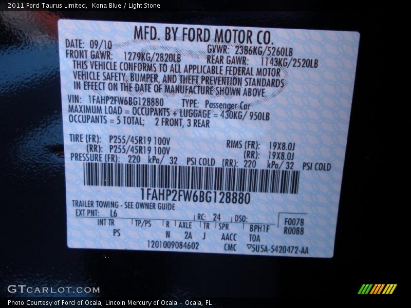 2011 Taurus Limited Kona Blue Color Code L6