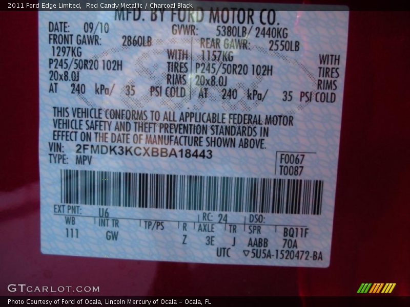 2011 Edge Limited Red Candy Metallic Color Code U6