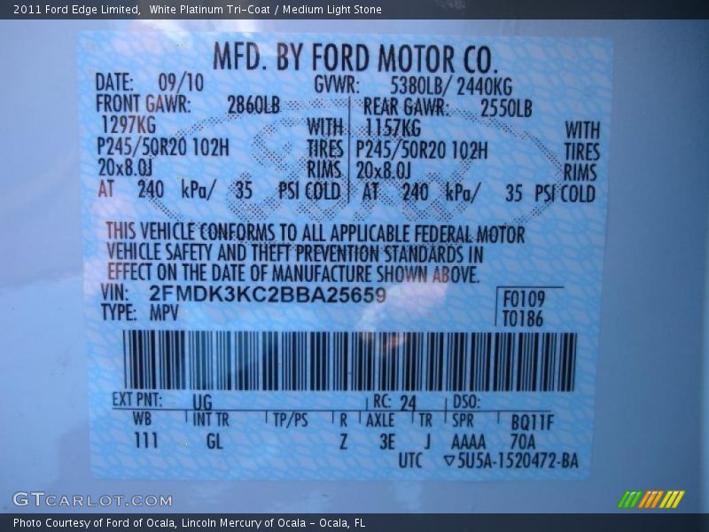 2011 Edge Limited White Platinum Tri-Coat Color Code UG