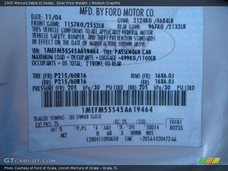 Silver Frost Metallic / Medium Graphite 2005 Mercury Sable LS Sedan