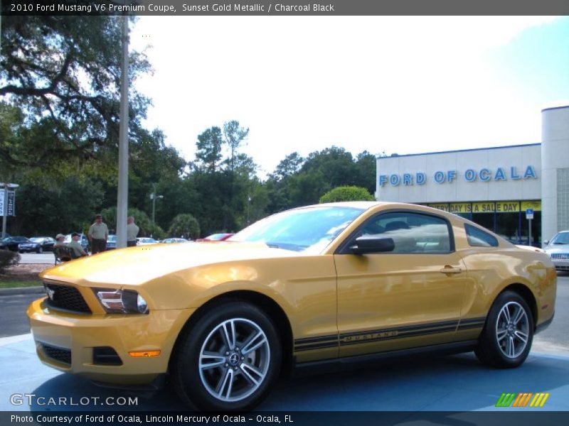 Sunset Gold Metallic / Charcoal Black 2010 Ford Mustang V6 Premium Coupe