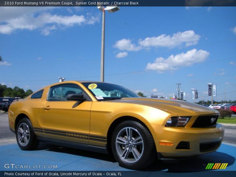 Sunset Gold Metallic / Charcoal Black 2010 Ford Mustang V6 Premium Coupe