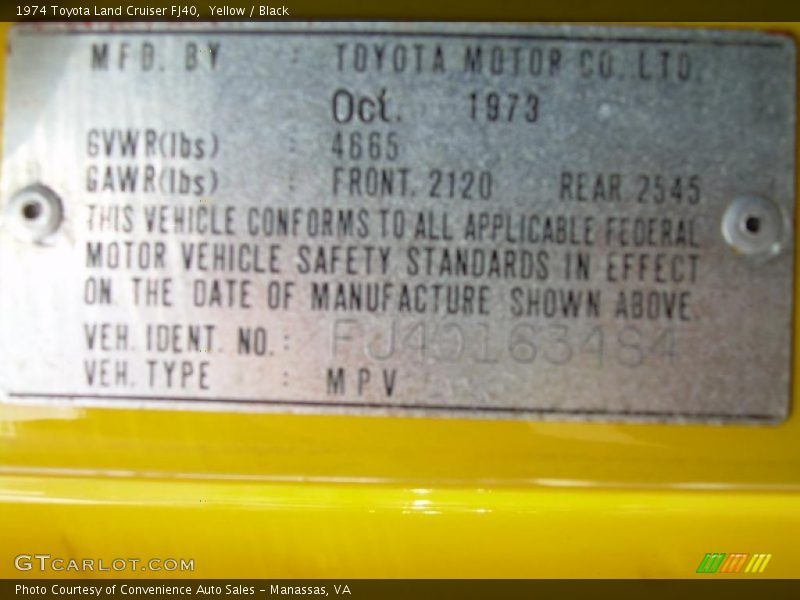 Yellow / Black 1974 Toyota Land Cruiser FJ40