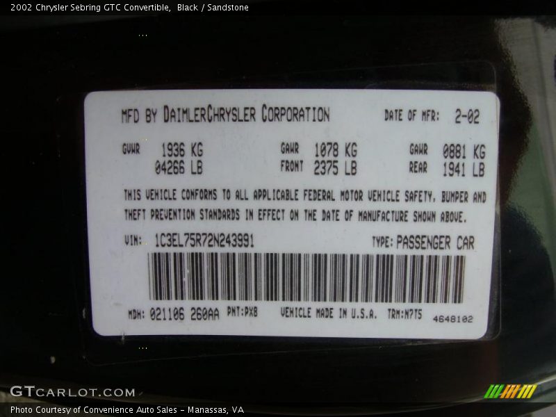 2002 Sebring GTC Convertible Black Color Code PX8