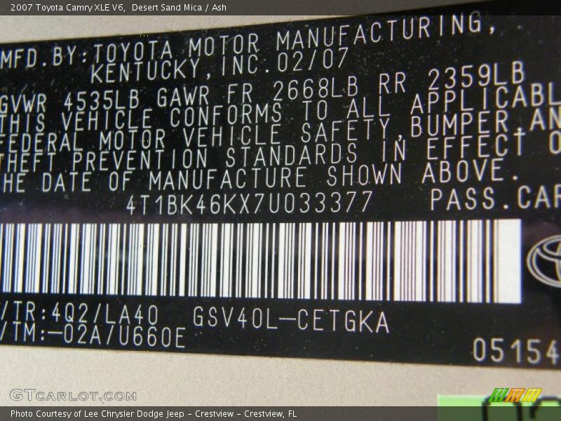 Desert Sand Mica / Ash 2007 Toyota Camry XLE V6