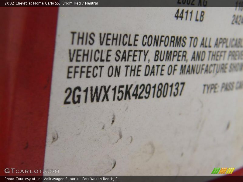 Bright Red / Neutral 2002 Chevrolet Monte Carlo SS