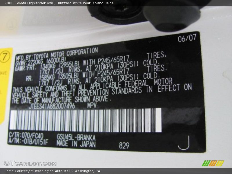 Blizzard White Pearl / Sand Beige 2008 Toyota Highlander 4WD