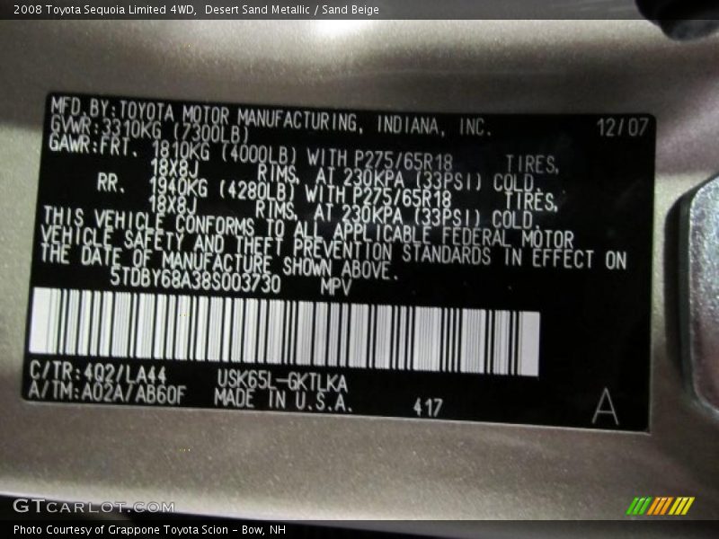 Desert Sand Metallic / Sand Beige 2008 Toyota Sequoia Limited 4WD