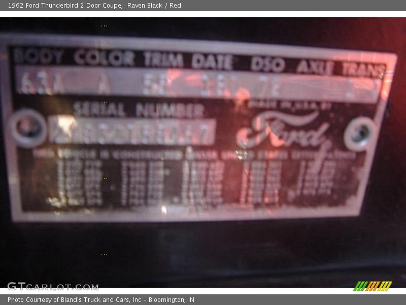 1962 Thunderbird 2 Door Coupe Raven Black Color Code A