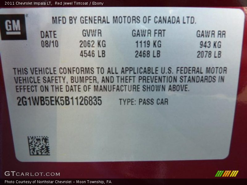 Info Tag of 2011 Impala LT
