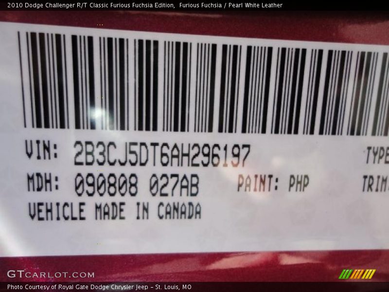 Furious Fuchsia / Pearl White Leather 2010 Dodge Challenger R/T Classic Furious Fuchsia Edition