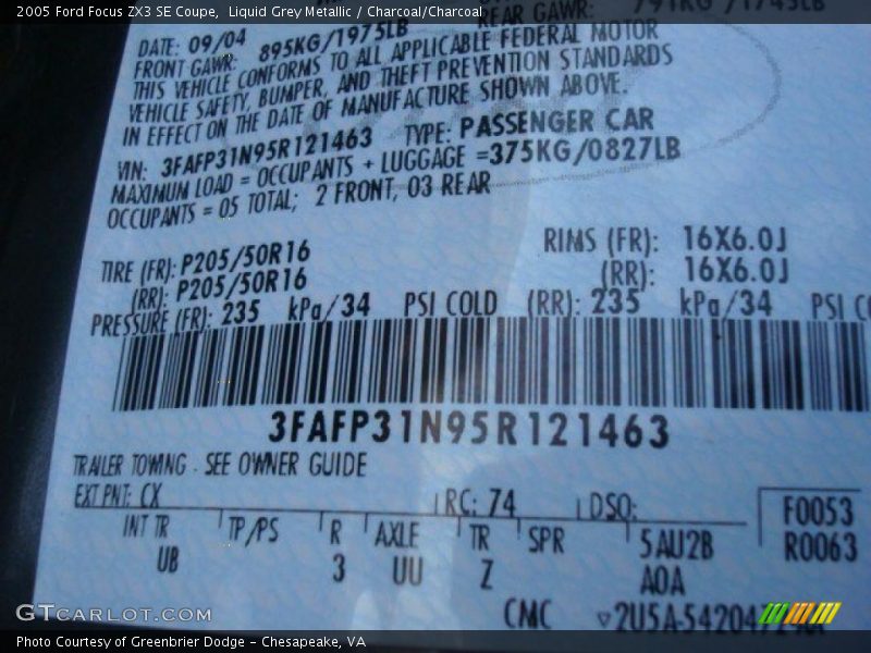 Liquid Grey Metallic / Charcoal/Charcoal 2005 Ford Focus ZX3 SE Coupe