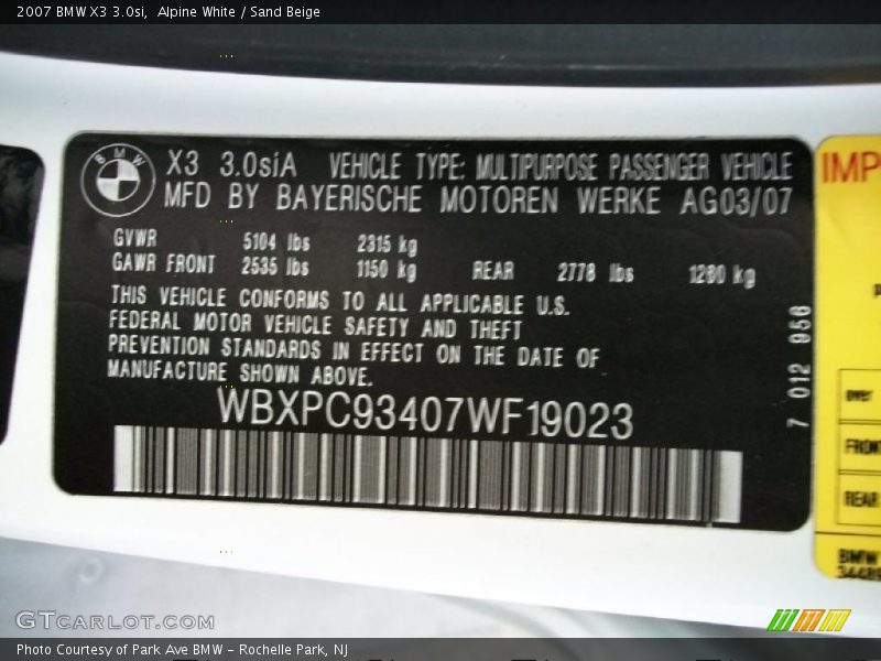 Alpine White / Sand Beige 2007 BMW X3 3.0si