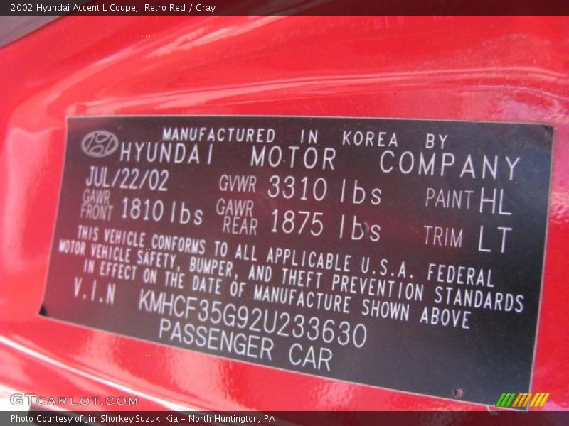 2002 Accent L Coupe Retro Red Color Code HL