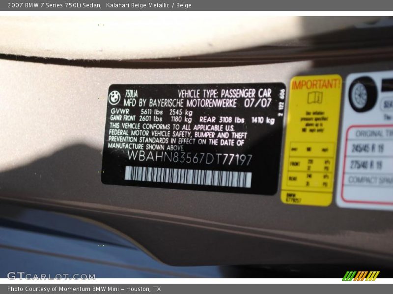 Kalahari Beige Metallic / Beige 2007 BMW 7 Series 750Li Sedan