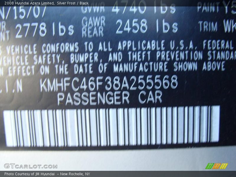 Silver Frost / Black 2008 Hyundai Azera Limited