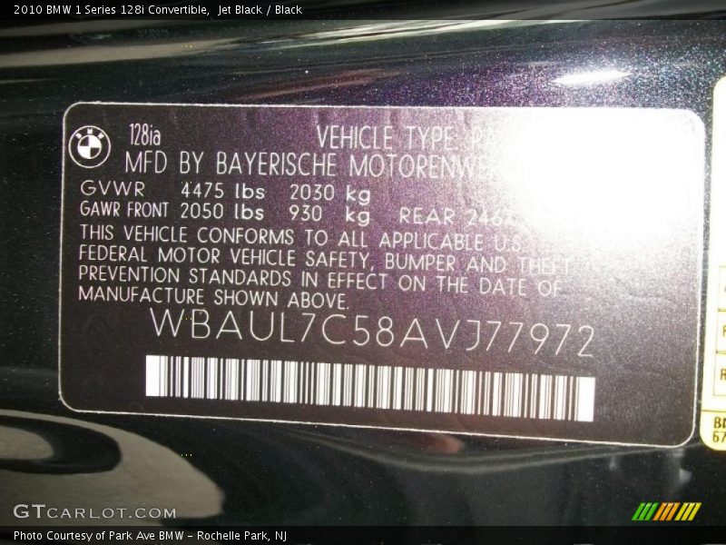 Jet Black / Black 2010 BMW 1 Series 128i Convertible