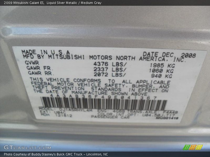 Liquid Silver Metallic / Medium Gray 2009 Mitsubishi Galant ES