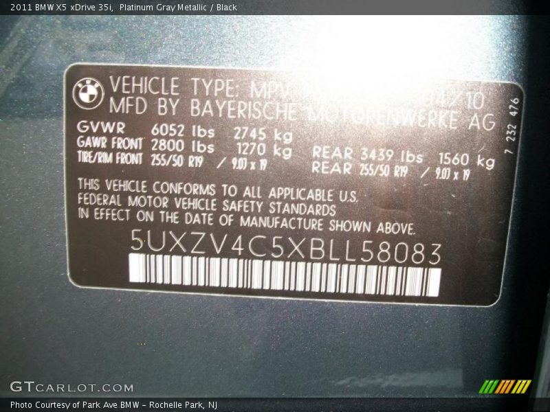 Platinum Gray Metallic / Black 2011 BMW X5 xDrive 35i