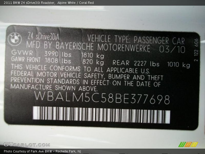 Info Tag of 2011 Z4 sDrive30i Roadster