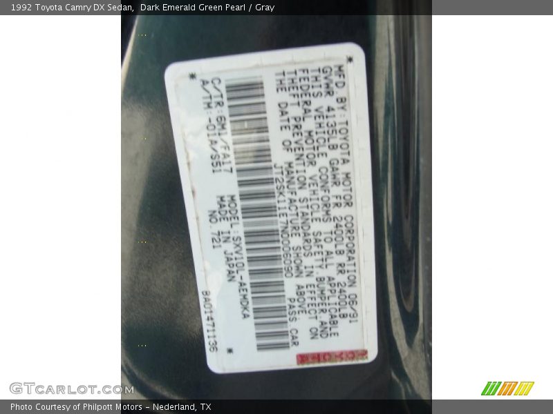 Dark Emerald Green Pearl / Gray 1992 Toyota Camry DX Sedan