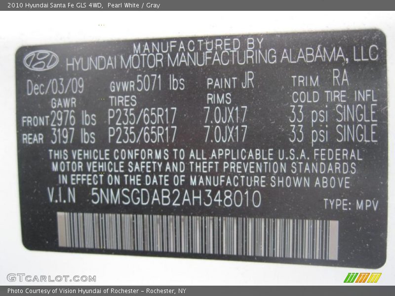 Pearl White / Gray 2010 Hyundai Santa Fe GLS 4WD