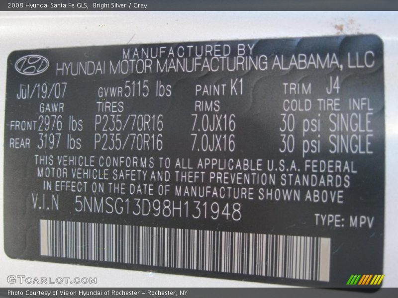 Bright Silver / Gray 2008 Hyundai Santa Fe GLS