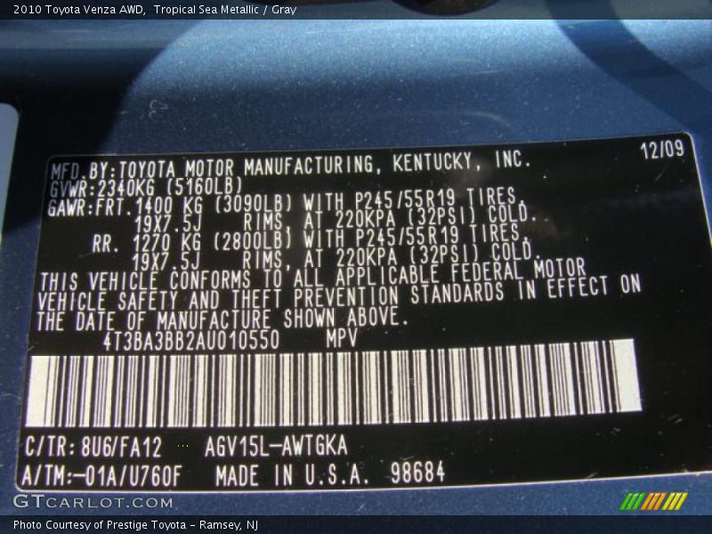 Tropical Sea Metallic / Gray 2010 Toyota Venza AWD