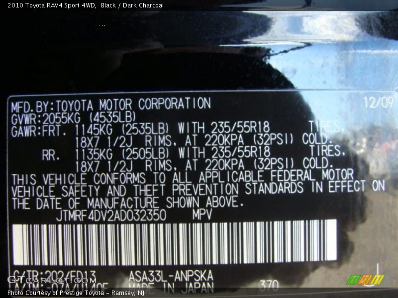 Black / Dark Charcoal 2010 Toyota RAV4 Sport 4WD