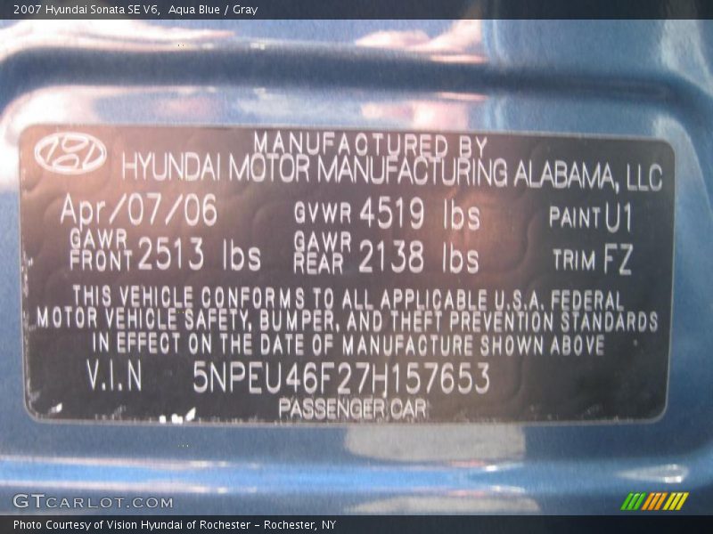 Aqua Blue / Gray 2007 Hyundai Sonata SE V6