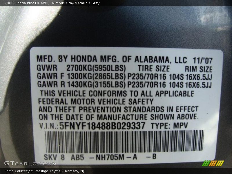 2008 Pilot EX 4WD Nimbus Gray Metallic Color Code NH705M