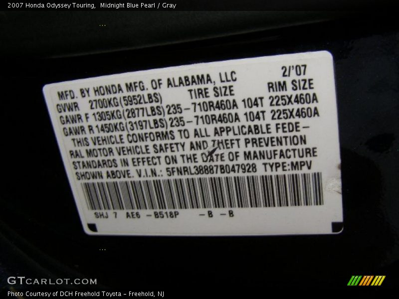 Midnight Blue Pearl / Gray 2007 Honda Odyssey Touring