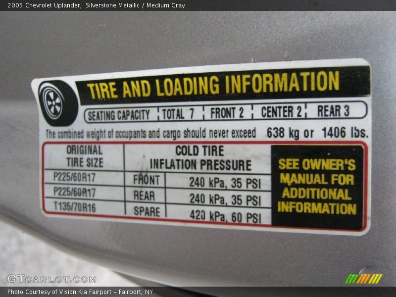 Info Tag of 2005 Uplander 