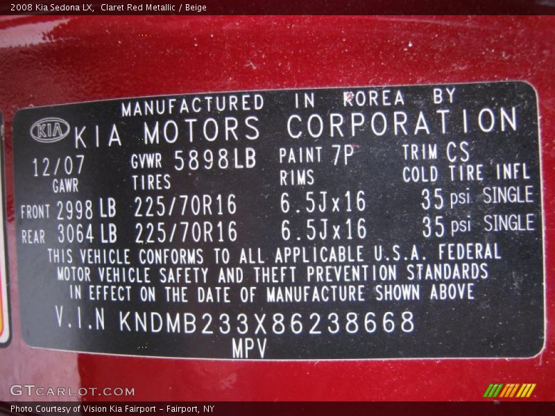 Claret Red Metallic / Beige 2008 Kia Sedona LX