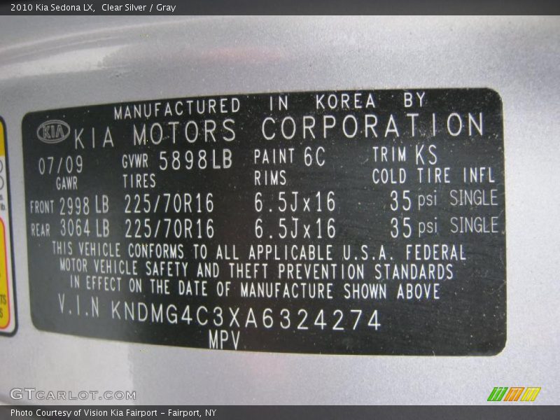 Clear Silver / Gray 2010 Kia Sedona LX