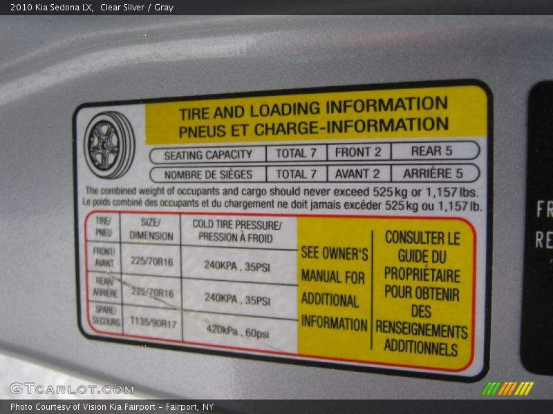 Clear Silver / Gray 2010 Kia Sedona LX