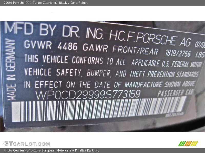 Info Tag of 2009 911 Turbo Cabriolet