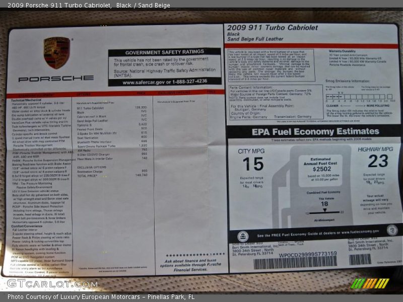  2009 911 Turbo Cabriolet Window Sticker