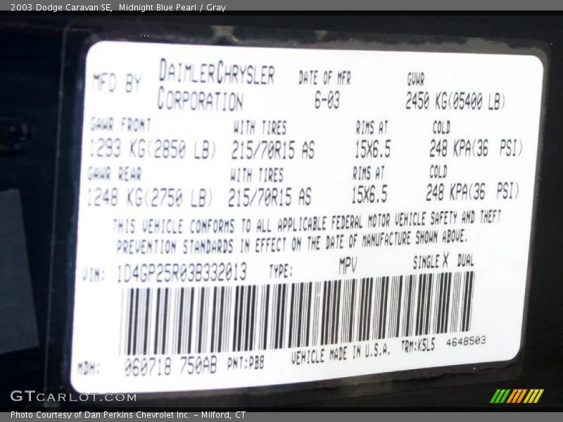 Midnight Blue Pearl / Gray 2003 Dodge Caravan SE