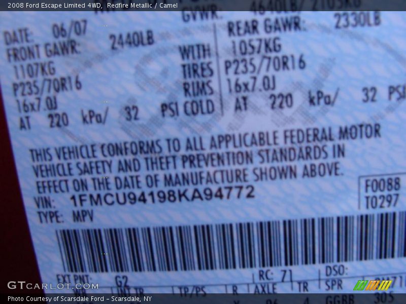 Redfire Metallic / Camel 2008 Ford Escape Limited 4WD