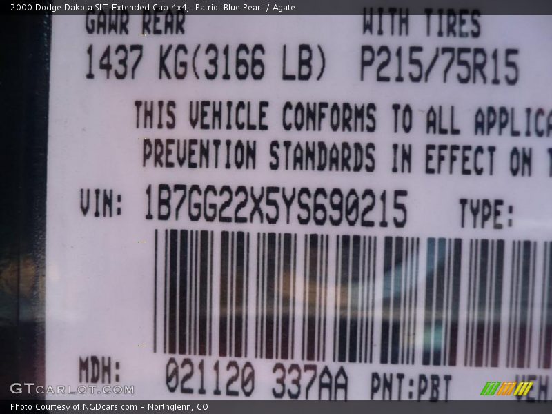 2000 Dakota SLT Extended Cab 4x4 Patriot Blue Pearl Color Code PBT