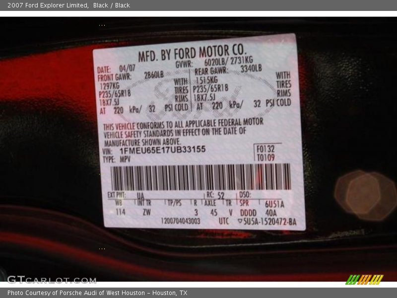 2007 Explorer Limited Black Color Code UA