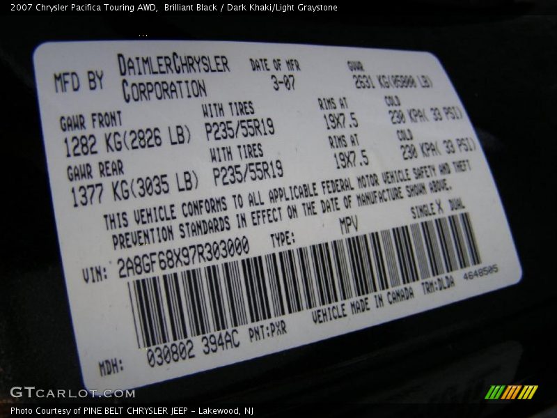 Brilliant Black / Dark Khaki/Light Graystone 2007 Chrysler Pacifica Touring AWD