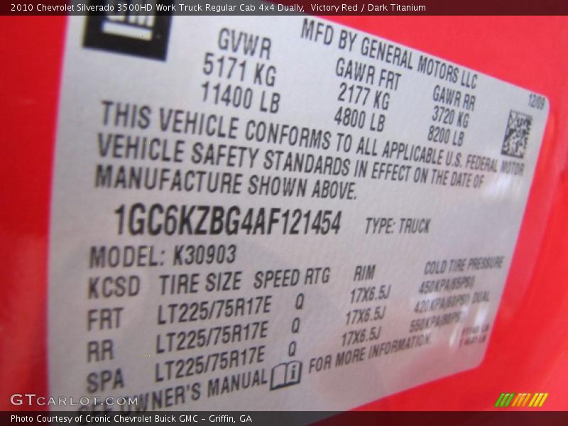Info Tag of 2010 Silverado 3500HD Work Truck Regular Cab 4x4 Dually