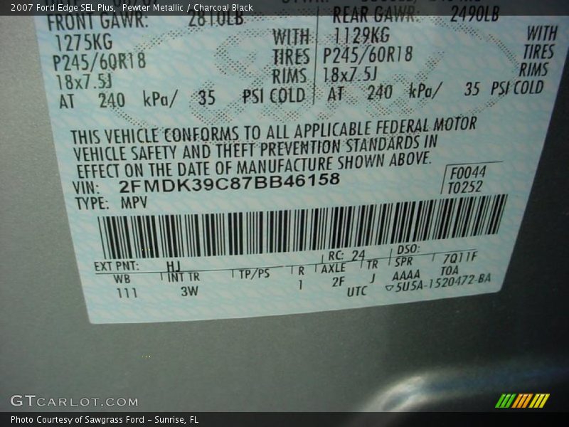 Pewter Metallic / Charcoal Black 2007 Ford Edge SEL Plus