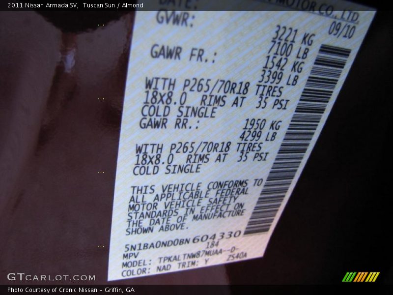 2011 Armada SV Tuscan Sun Color Code NAD